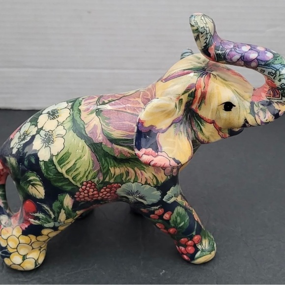 Decoupage Patchwork Multi-colored Floral Elephant Figurine - Picture 2 of 9